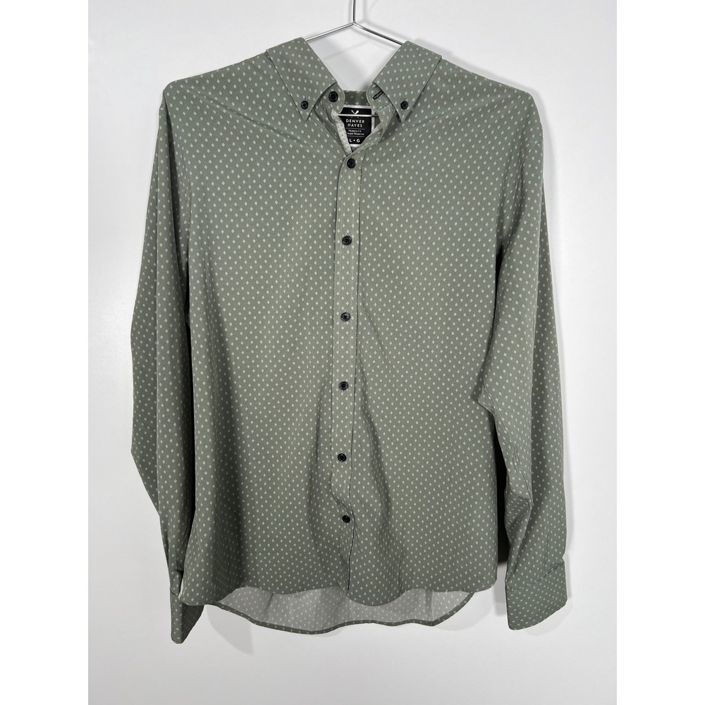 Denver Hayes Green Diamond Print Modern Fit Button Down Shirt Career Mens Large